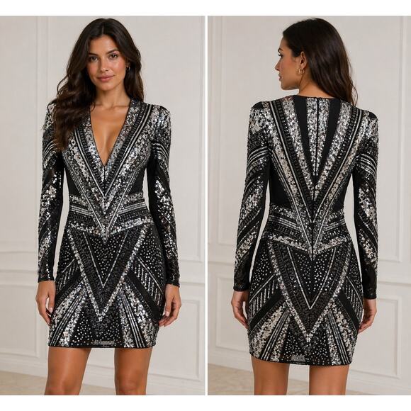 Express Dresses & Skirts - Express XS Black Silver Sequin Bodycon Dress Long Sleeve Deep V Party Mini